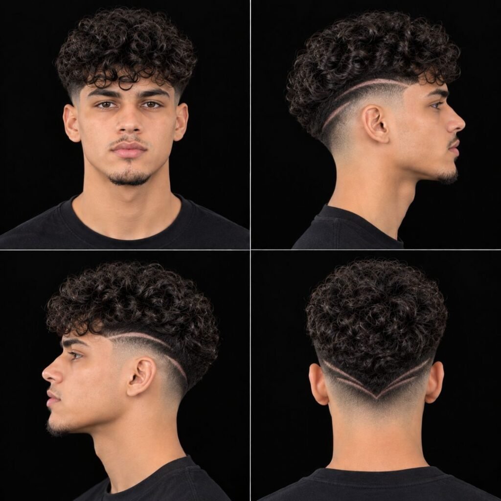 Curly Mid Taper Fade with Design