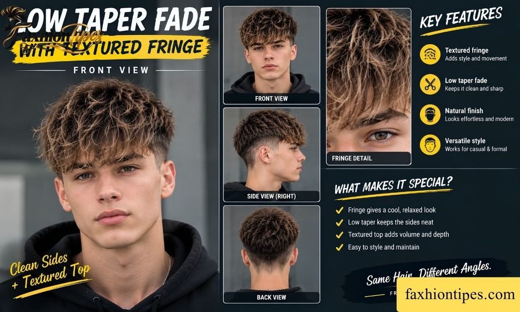 Low Taper Fade with Textured Fringe Front View