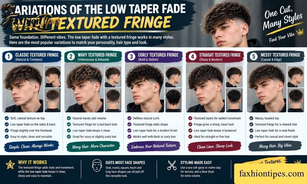 Variations of the Low Taper Fade with Textured Fringe