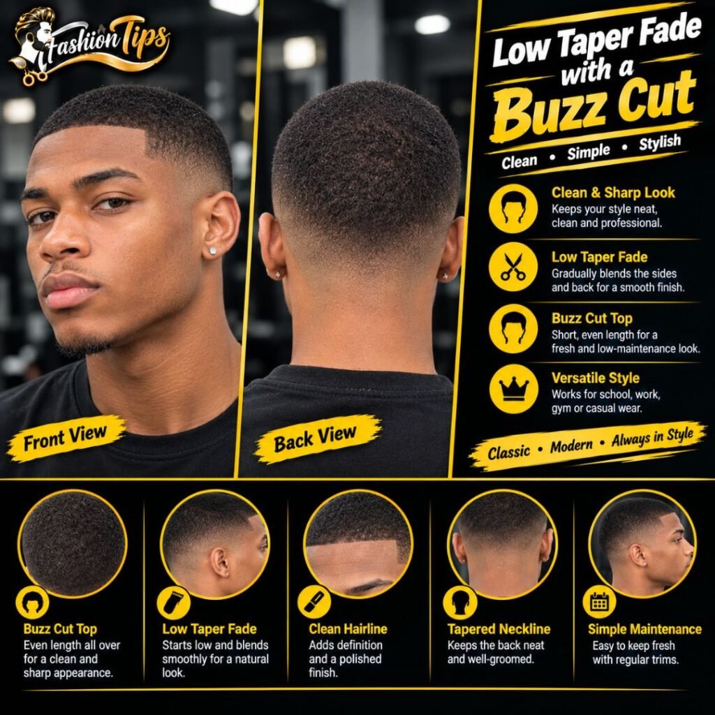 Low taper fade with a buzz cut