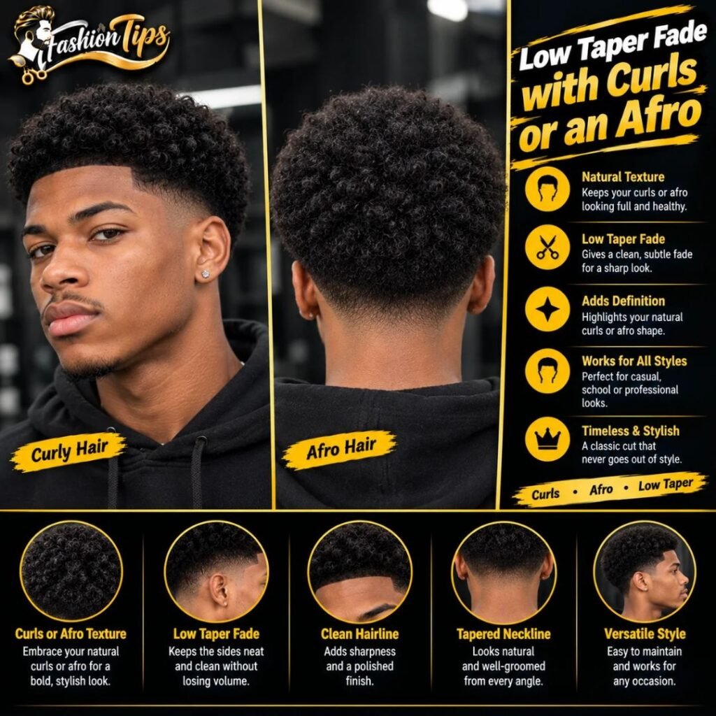 Low taper fade with curls or an afro