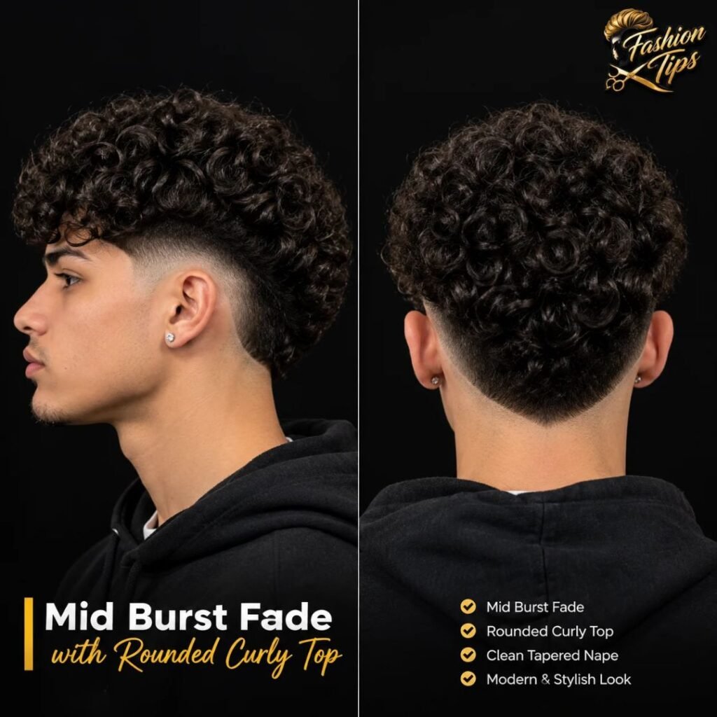 Mid burst fade with a rounded curly top