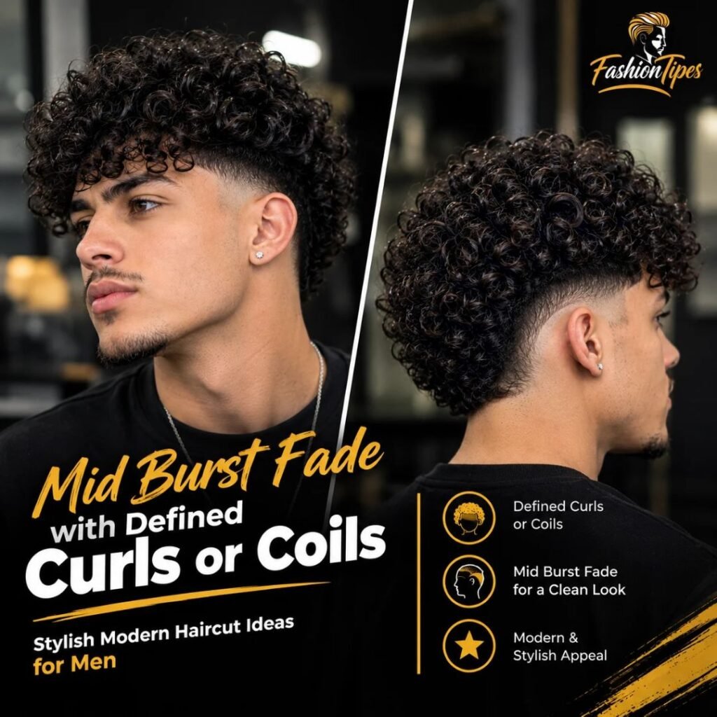 Mid burst fade with defined curls or coils