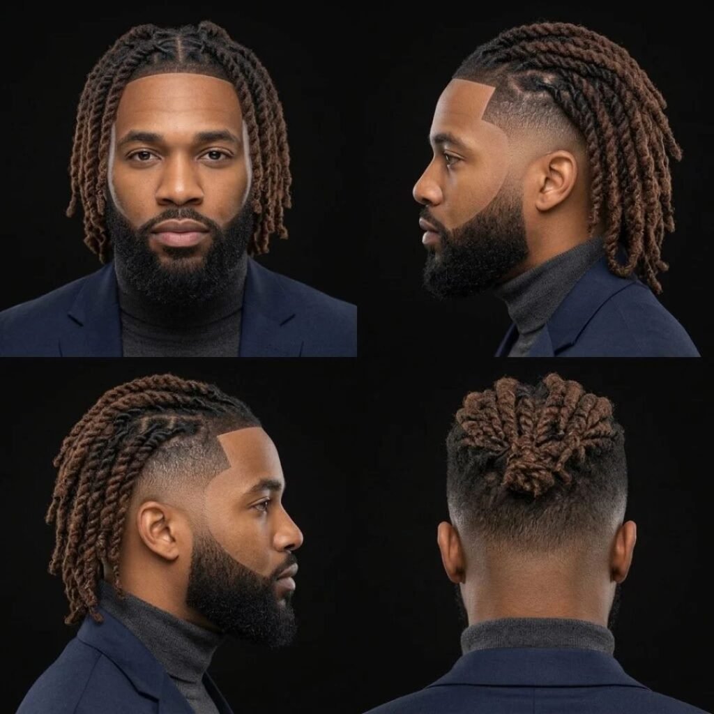 Two-strand styled locs with a mid taper